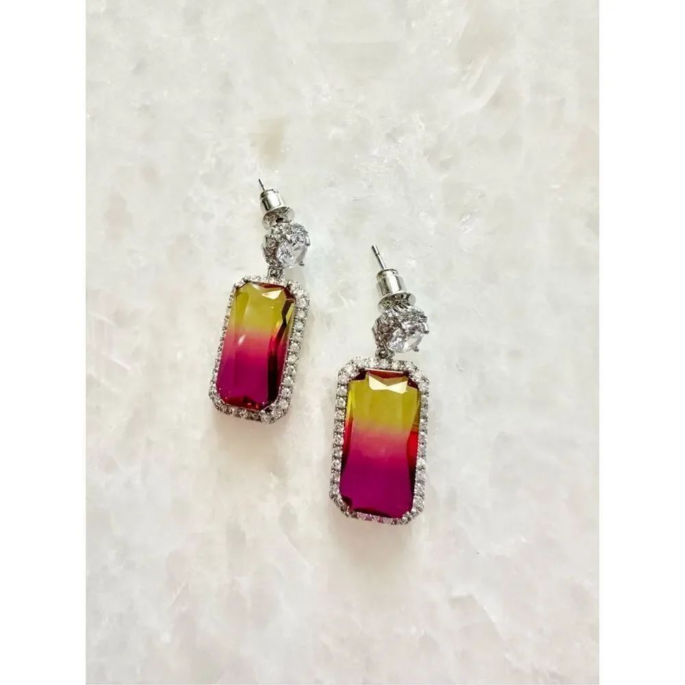 Purple pink and yellow color ombré cubic zirconia dangle earrings